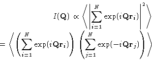 \begin{displaymath}
 \begin{split}
 I(\mathbf{Q}) \propto \left\langle \left\ver...
 ...xp(-i\mathbf{Q}\mathbf{r}_j) \right)\right\rangle 
 \end{split}\end{displaymath}